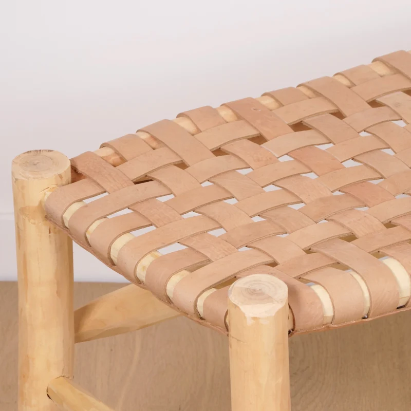 Banc marocain en bois et cuir 80cm