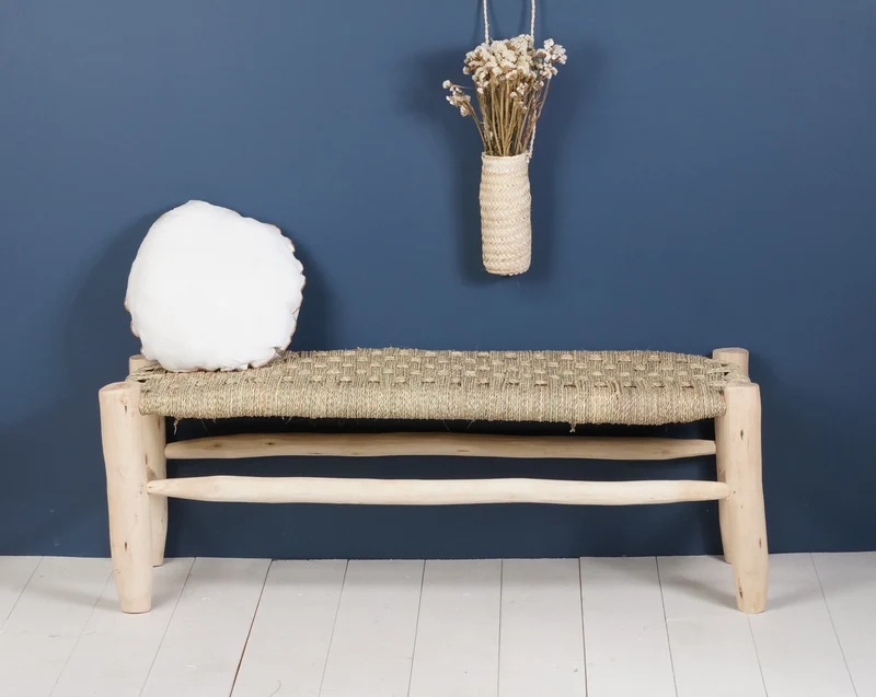 Banc marocain en bois et tressage naturel 120cm