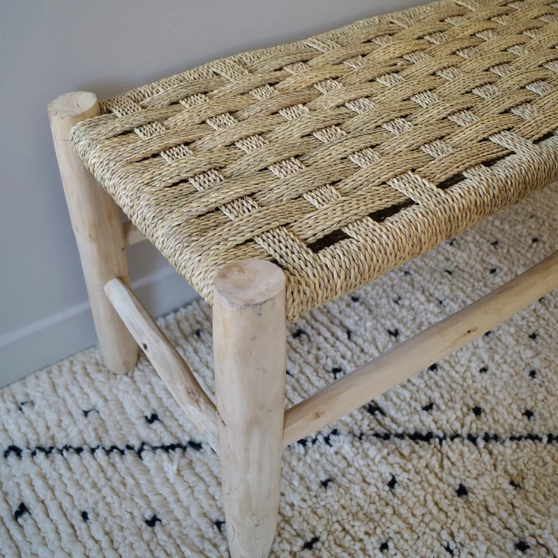 Banc marocain en bois et tressage naturel 120cm