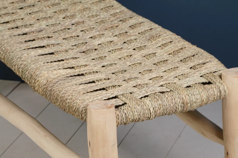 Banc marocain en bois et tressage naturel 120cm