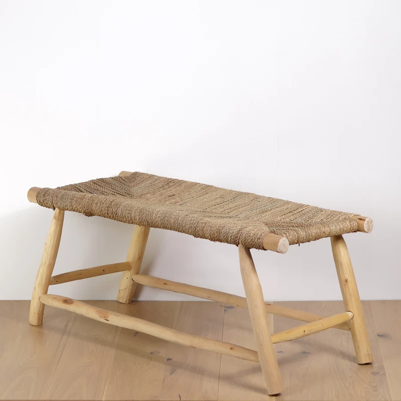 Banc ethnique en bois et tressage naturel 100cm