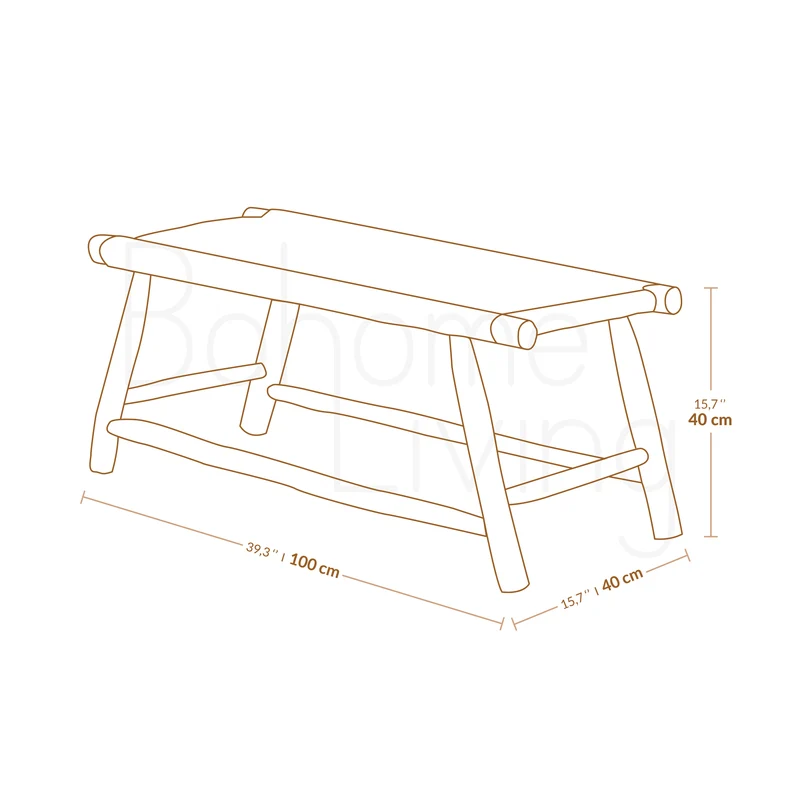 Banc ethnique en bois et tressage naturel 100cm