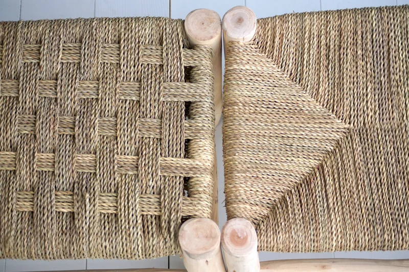 Banc marocain en bois et tressage naturel 100cm
