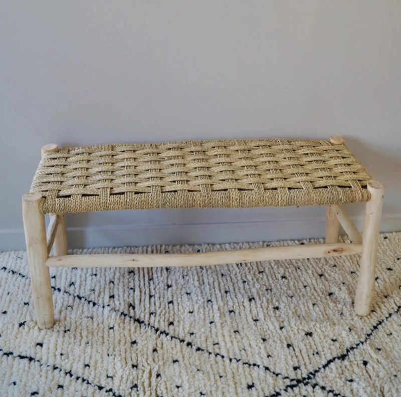 Banc marocain en bois et tressage naturel 100cm