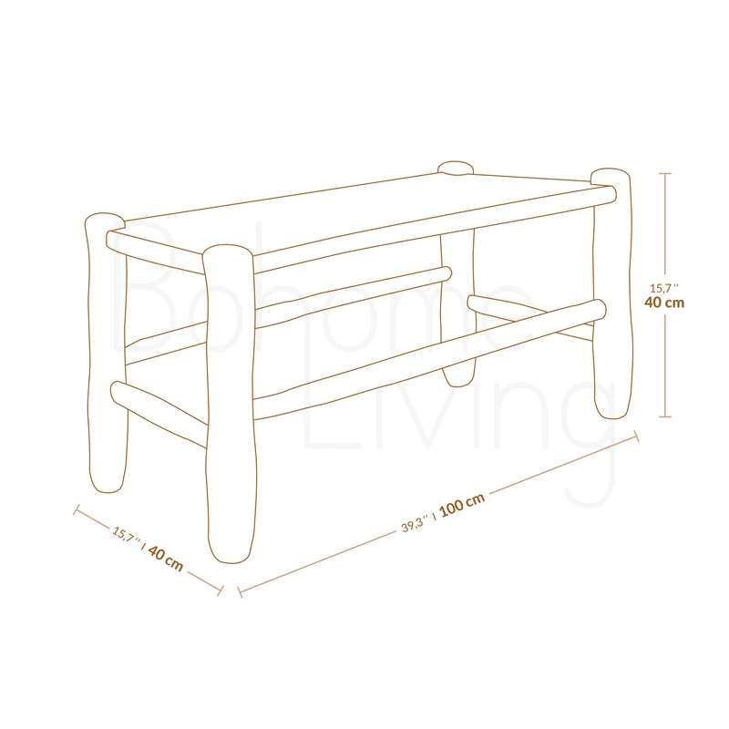 Banc marocain en bois et tressage naturel 100cm