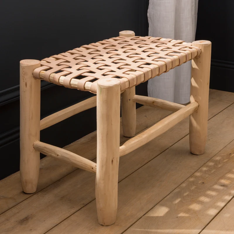 Banc marocain en bois et cuir 60cm