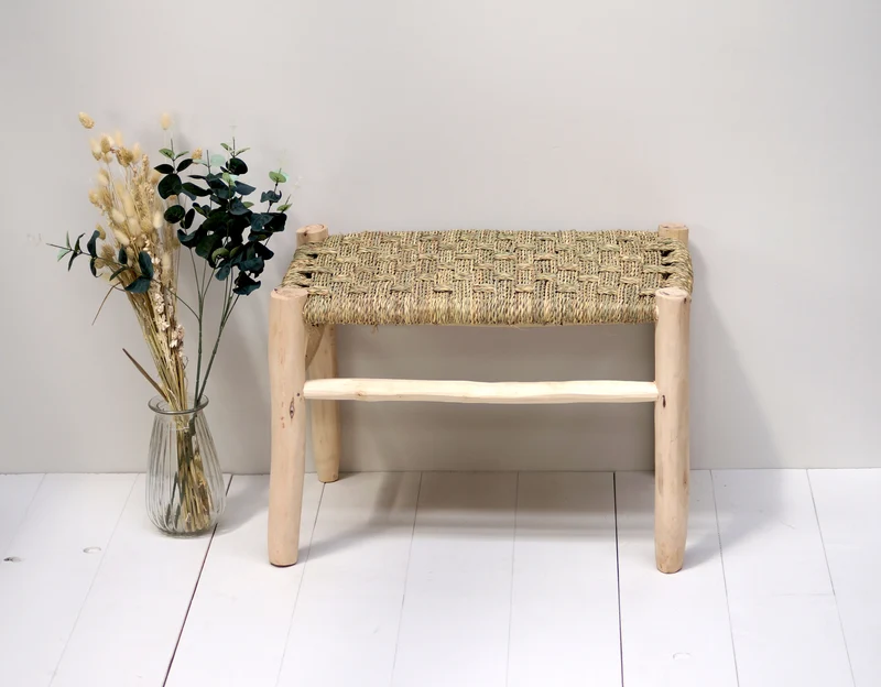 Banc marocain en bois et tressage naturel 60cm