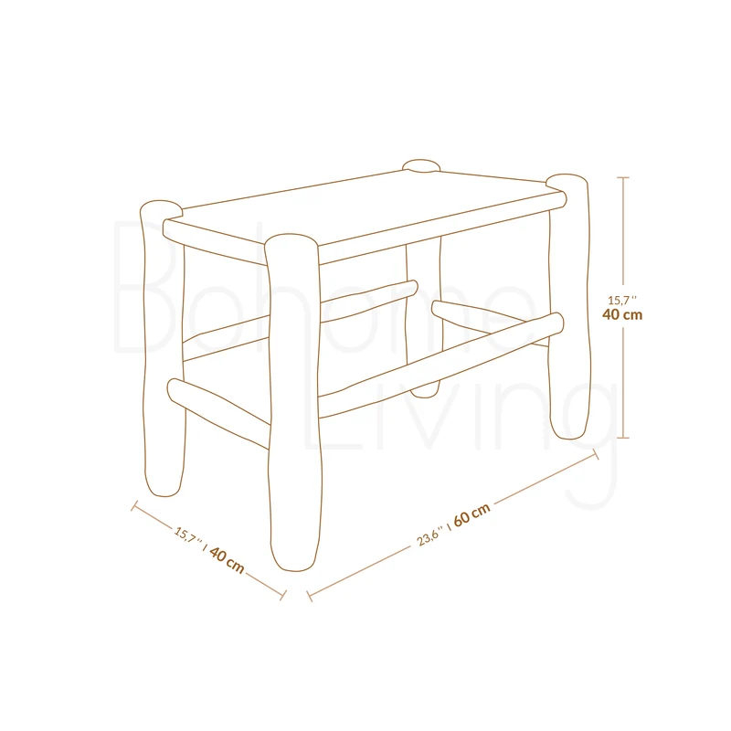 Banc marocain en bois et tressage naturel 60cm