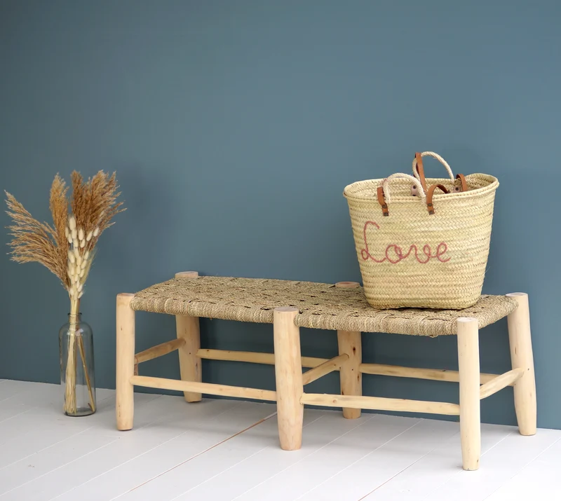 Banc marocain 6 pieds en bois et tressage naturel 120cm