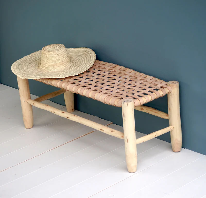 Banc marocain en bois et cuir 100cm