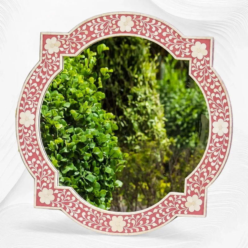 Quatrefoil Floral Bone Inlay Mirror Pink