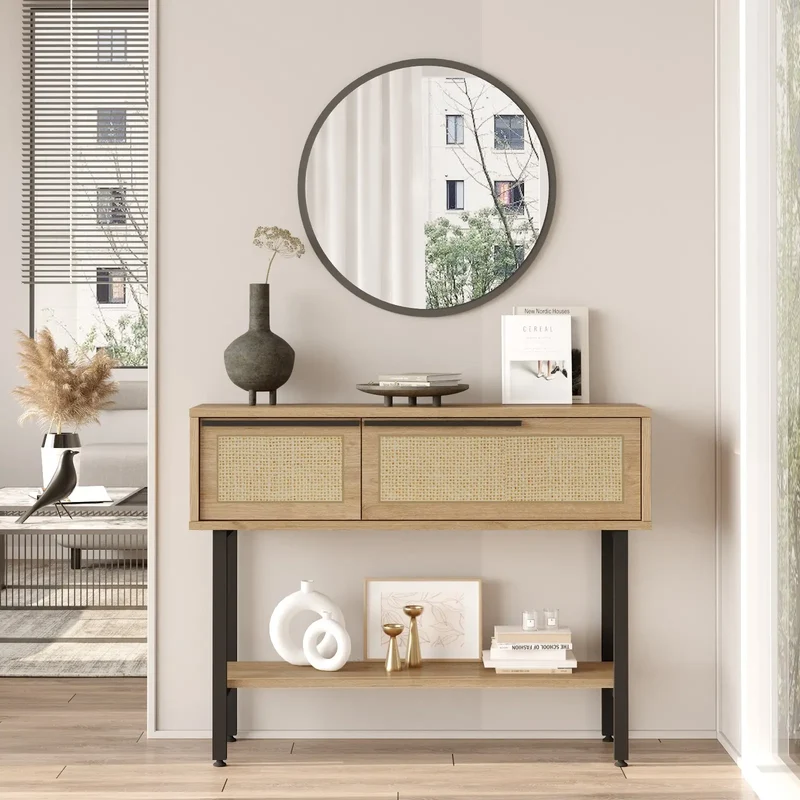 Console Entrée CYRIUS 100cm – Bois Clair acier & Rotin Décoratif – Tiroirs + Étagère | Style Naturel & Pieds Métal Noir