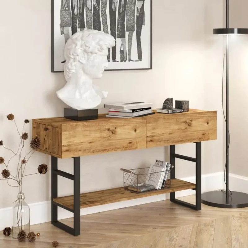 Console SÉOUL Bois Clair & Acier Noir – 140 cm | Design Industriel avec Rangement