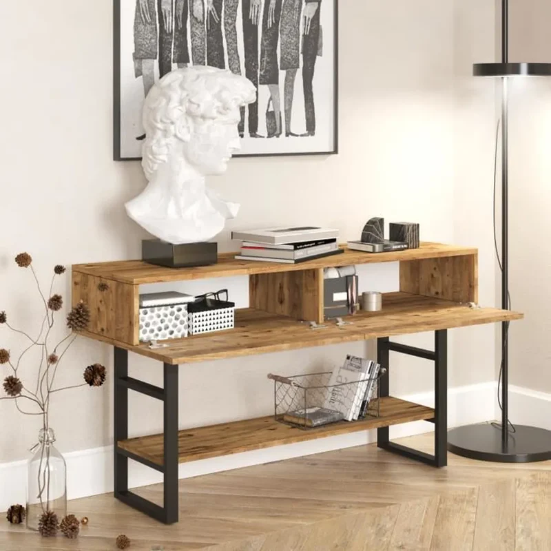 Console SÉOUL Bois Clair & Acier Noir – 140 cm | Design Industriel avec Rangement