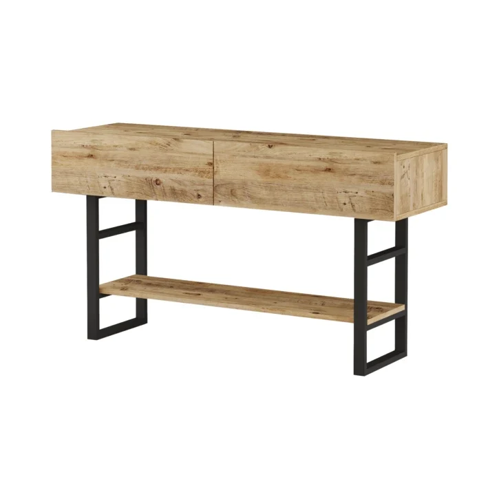 Console SÉOUL Bois Clair & Acier Noir – 140 cm | Design Industriel avec Rangement
