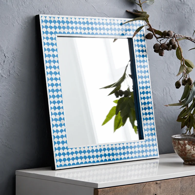 Drop Bone Inlay Square Wall Mirror Blue