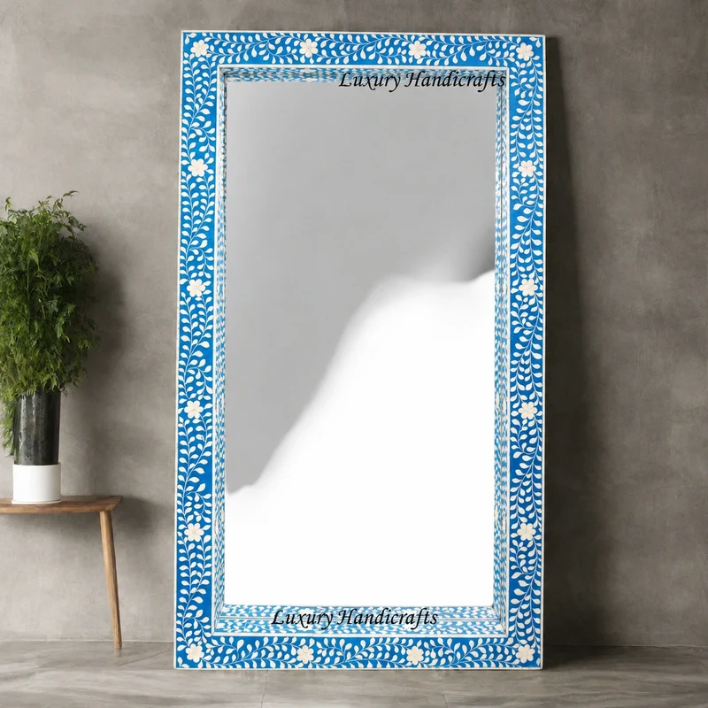 Blue Bone Inlay Floral Floor Mirror