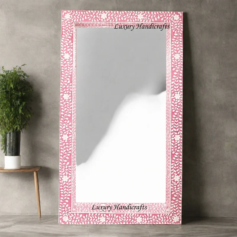 Pink Bone Inlay Floral Floor Mirror