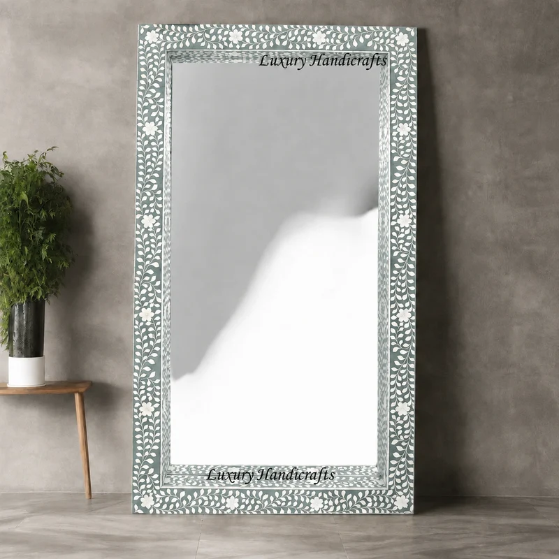 Green Bone Inlay Floral Floor Mirror
