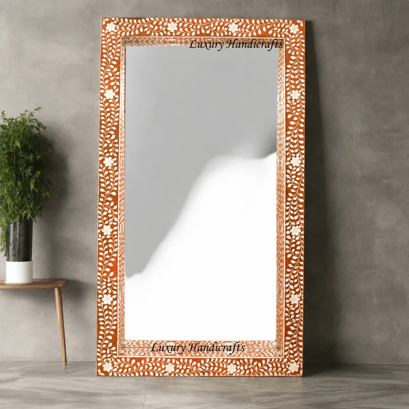 Orange Bone Inlay Floral Floor Mirror