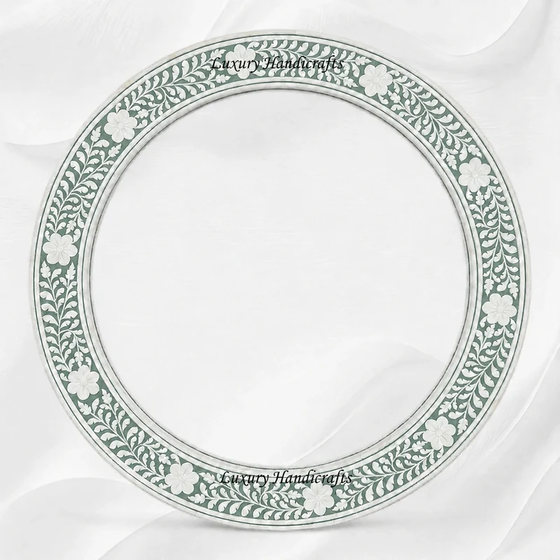 Green Floral Embossed Bone Inlay Round Mirror