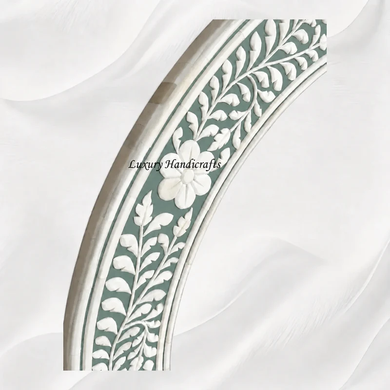 Green Floral Embossed Bone Inlay Round Mirror