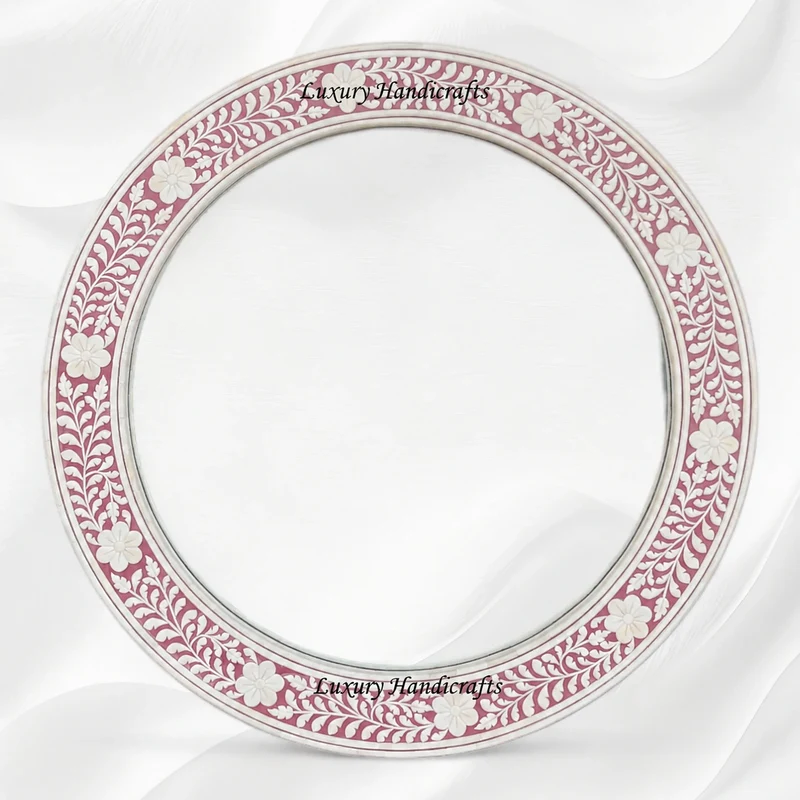 Pink Floral Embossed Bone Inlay Round Mirror