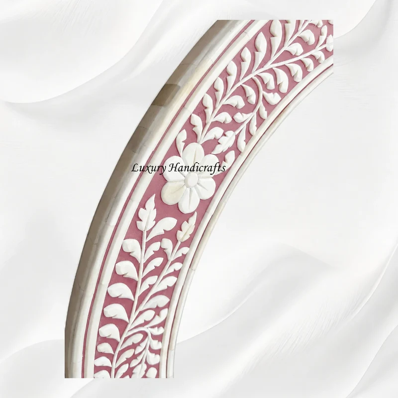 Pink Floral Embossed Bone Inlay Round Mirror
