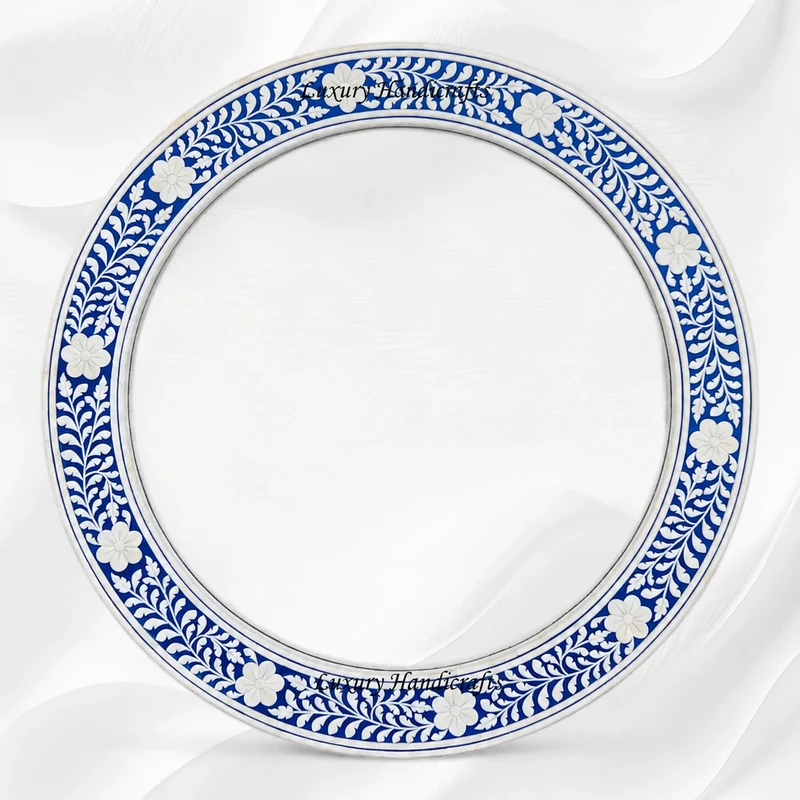 Blue Floral Embossed Bone Inlay Round Mirror