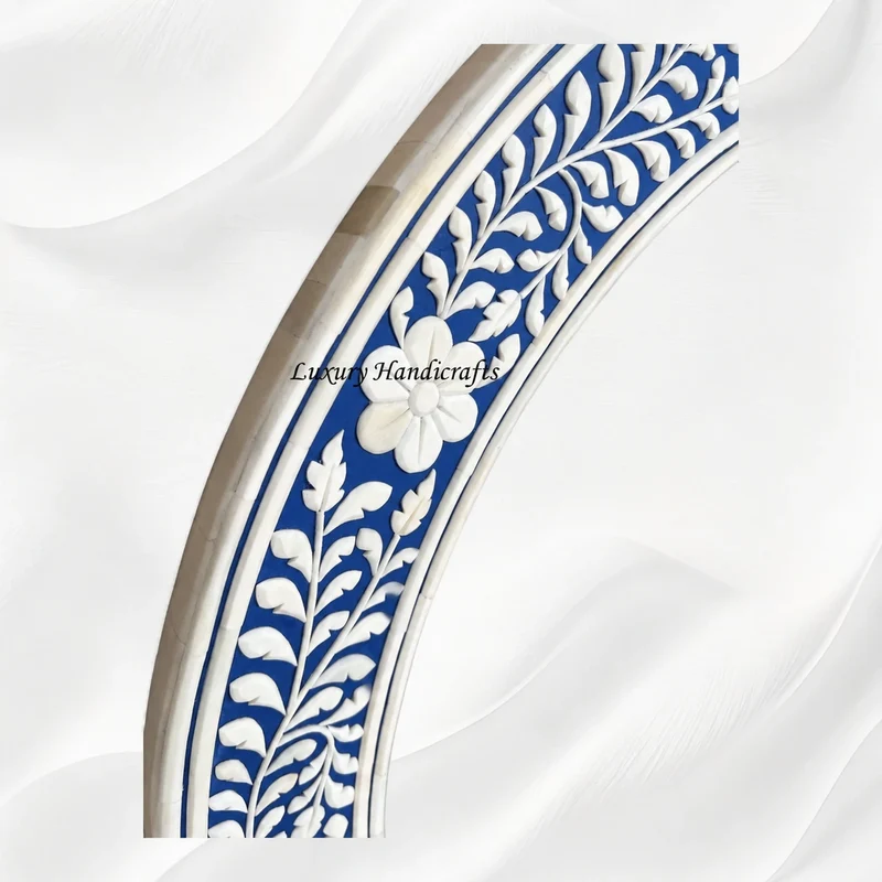 Blue Floral Embossed Bone Inlay Round Mirror