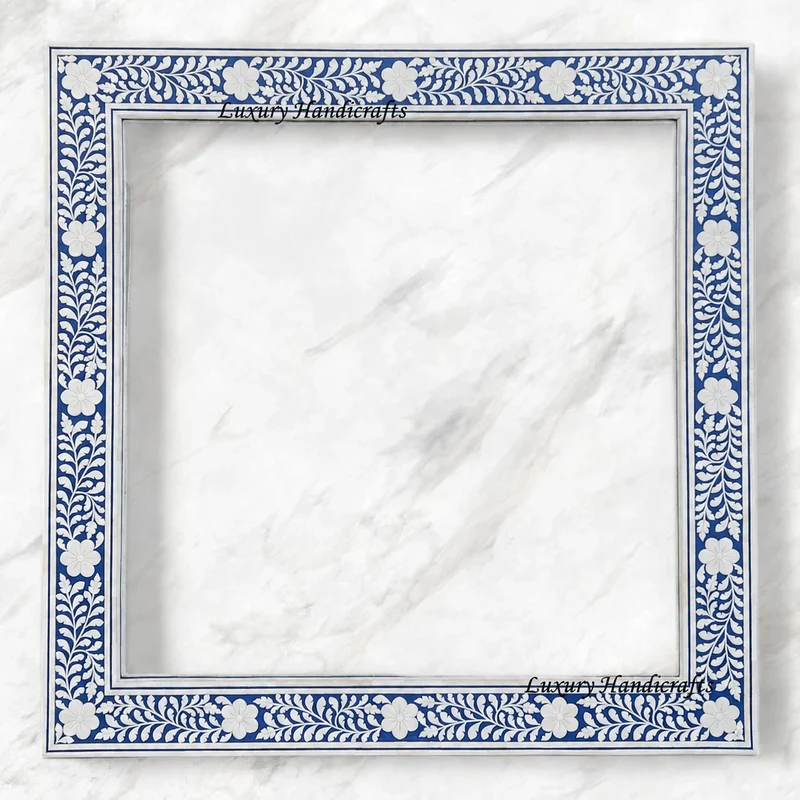 Embossed Bone Inlay Floral Mirror Blue