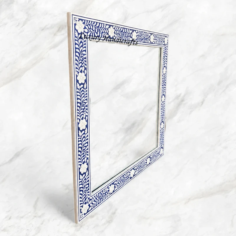 Embossed Bone Inlay Floral Mirror Blue