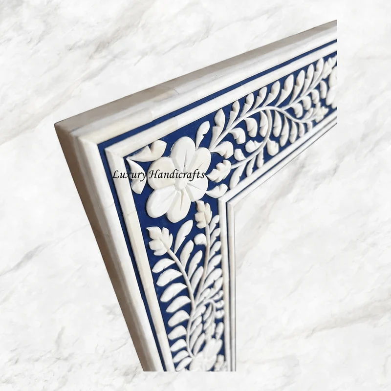 Embossed Bone Inlay Floral Mirror Blue
