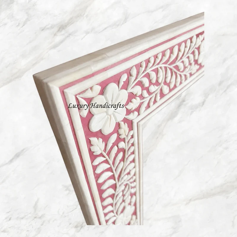 Embossed Bone Inlay Floral Mirror Pink