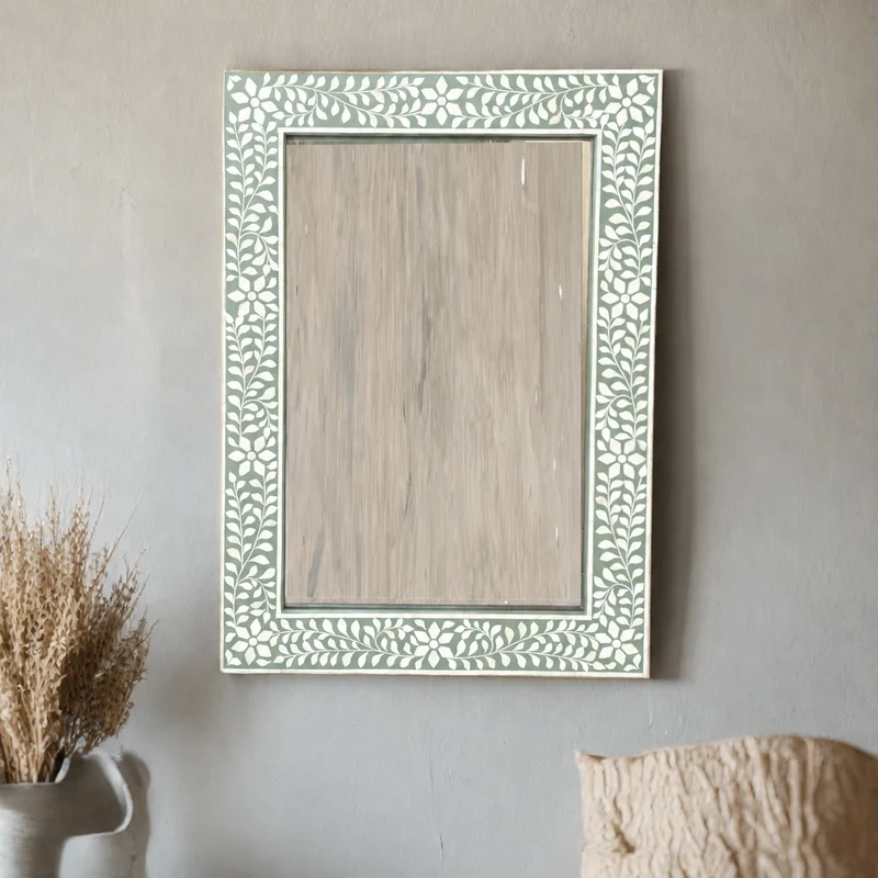 Green Bone Inlay Floral Rectangle Mirror
