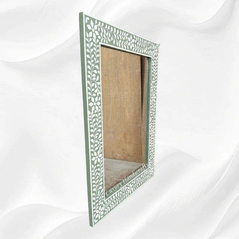 Green Bone Inlay Floral Rectangle Mirror