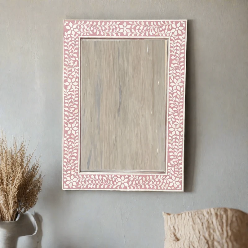 Pink Bone Inlay Floral Rectangle Mirror