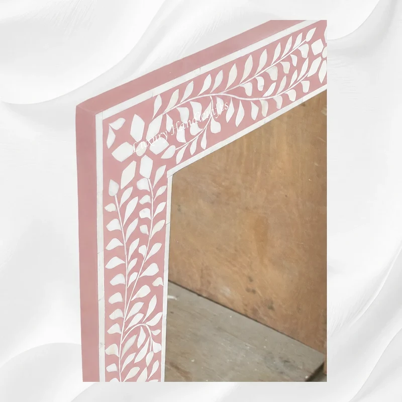 Pink Bone Inlay Floral Rectangle Mirror