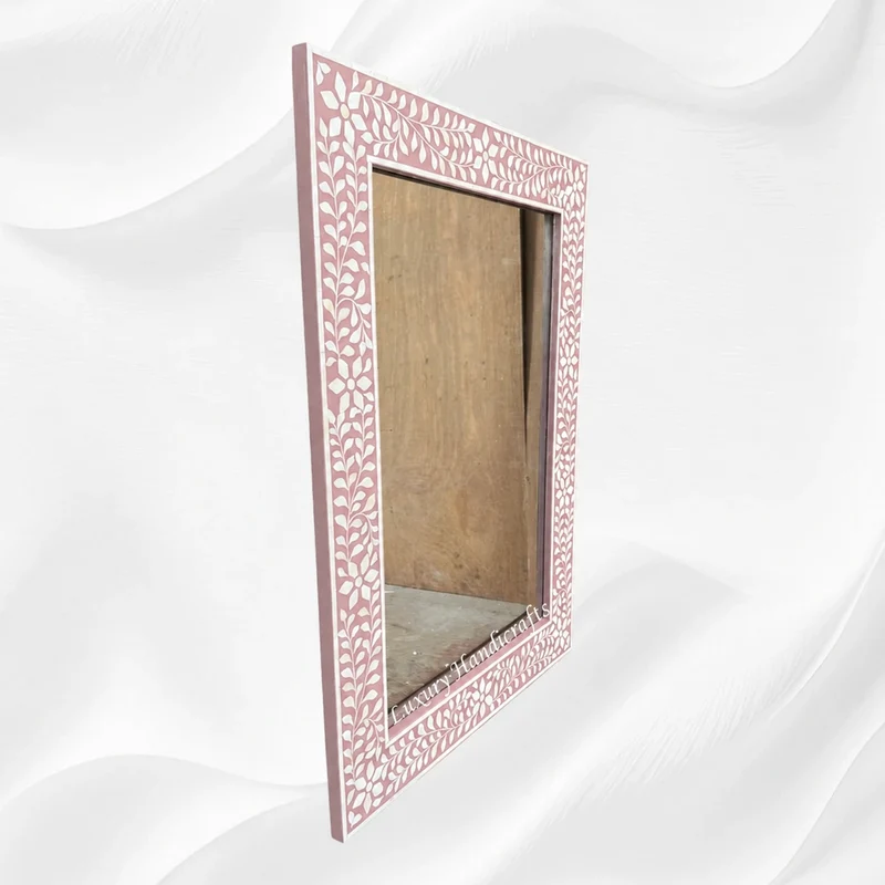 Pink Bone Inlay Floral Rectangle Mirror