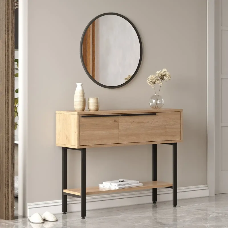 Console d’entrée CYRIUS bois clair avec miroir | 100x30 cm | Style scandinave design