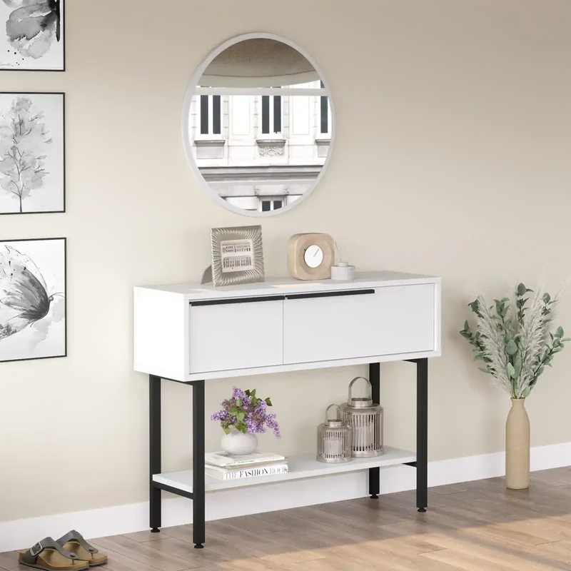 Console CYRIUS blanche avec miroir - Meuble d’entrée moderne avec rangement et miroir inclus