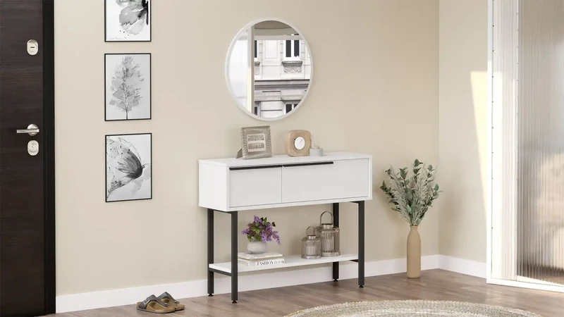 Console CYRIUS blanche avec miroir - Meuble d’entrée moderne avec rangement et miroir inclus