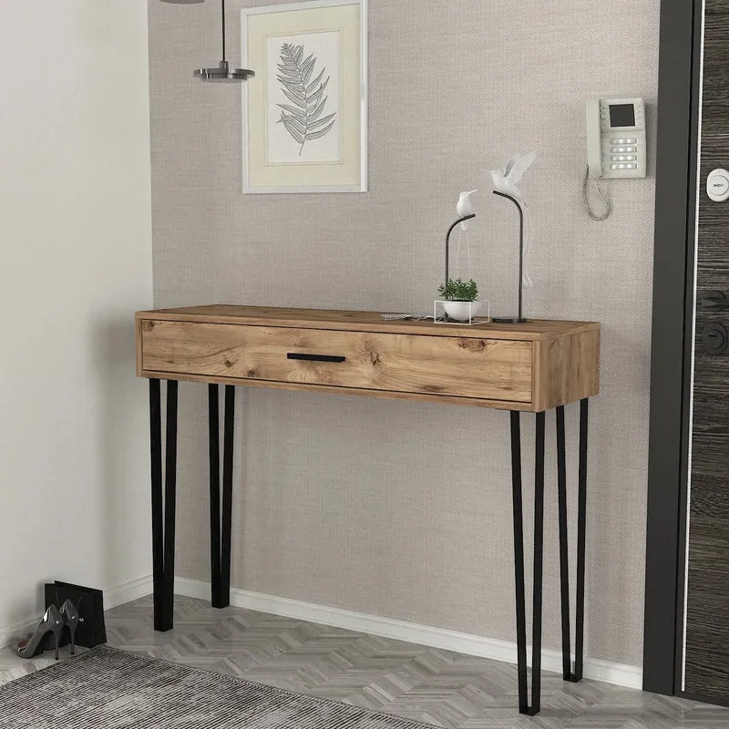 Console PRAGUE Bois Clair & Métal Noir – Design Industriel avec Tiroir 120 cm
