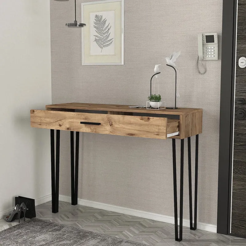 Console PRAGUE Bois Clair & Métal Noir – Design Industriel avec Tiroir 120 cm