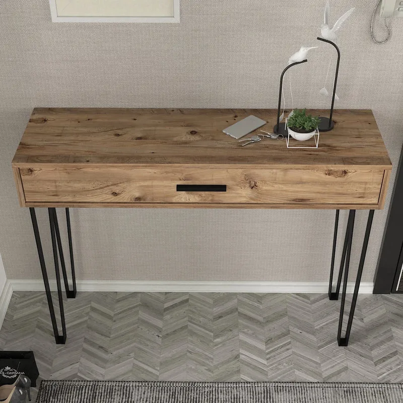 Console PRAGUE Bois Clair & Métal Noir – Design Industriel avec Tiroir 120 cm