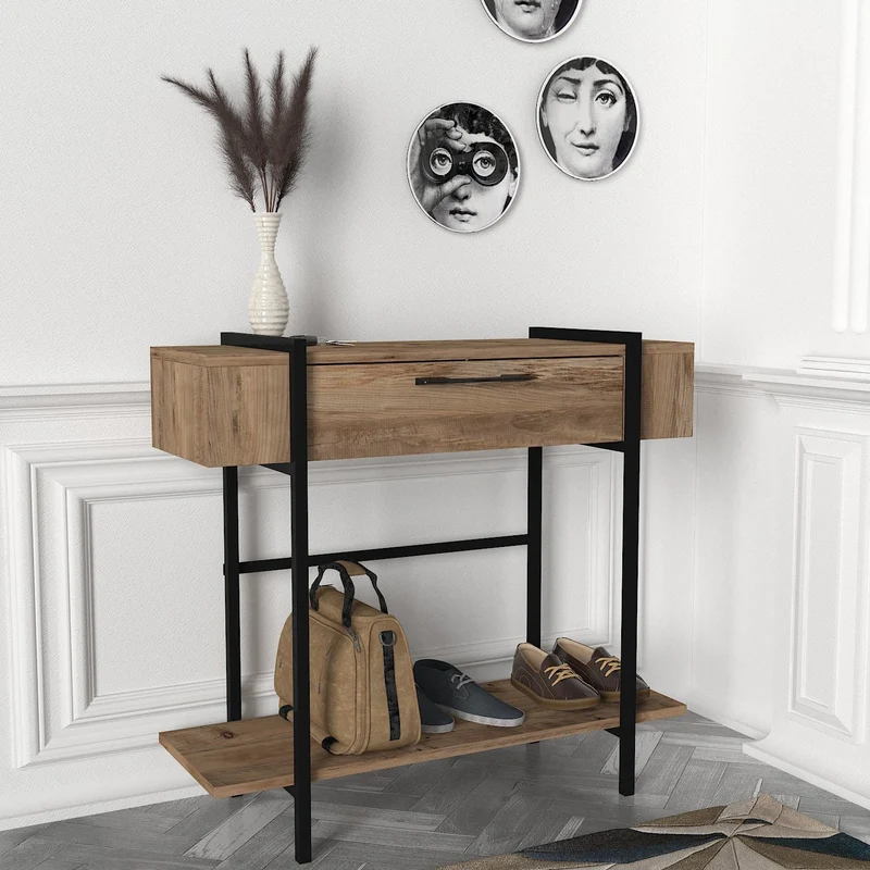 Console ANDORRE Bois & Métal Noir – Petite Console d’Entrée avec Placard et Étagère