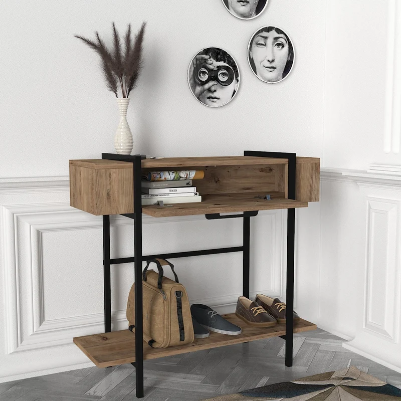 Console ANDORRE Bois & Métal Noir – Petite Console d’Entrée avec Placard et Étagère