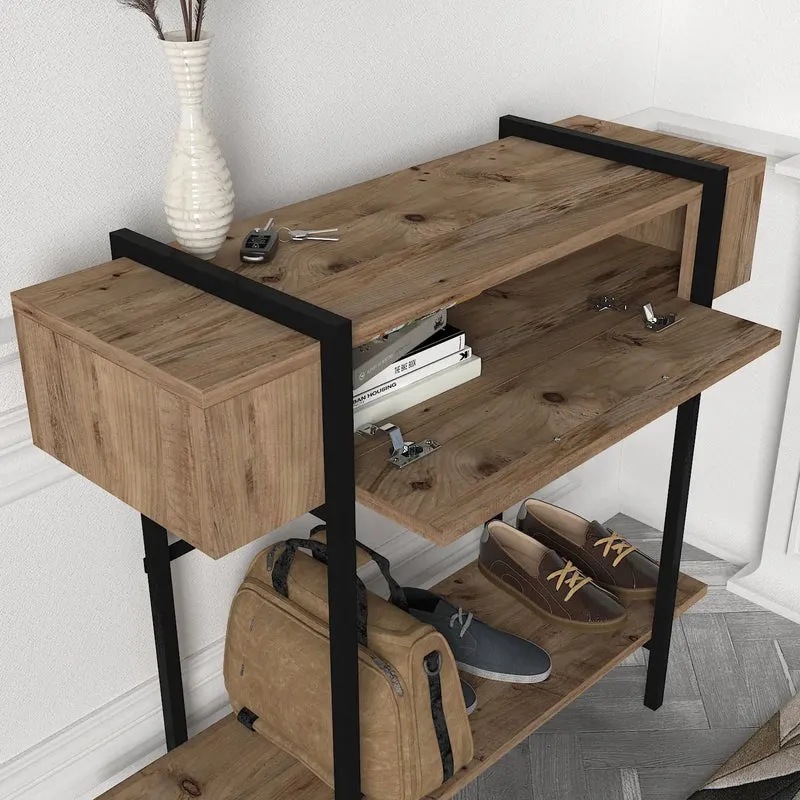 Console ANDORRE Bois & Métal Noir – Petite Console d’Entrée avec Placard et Étagère