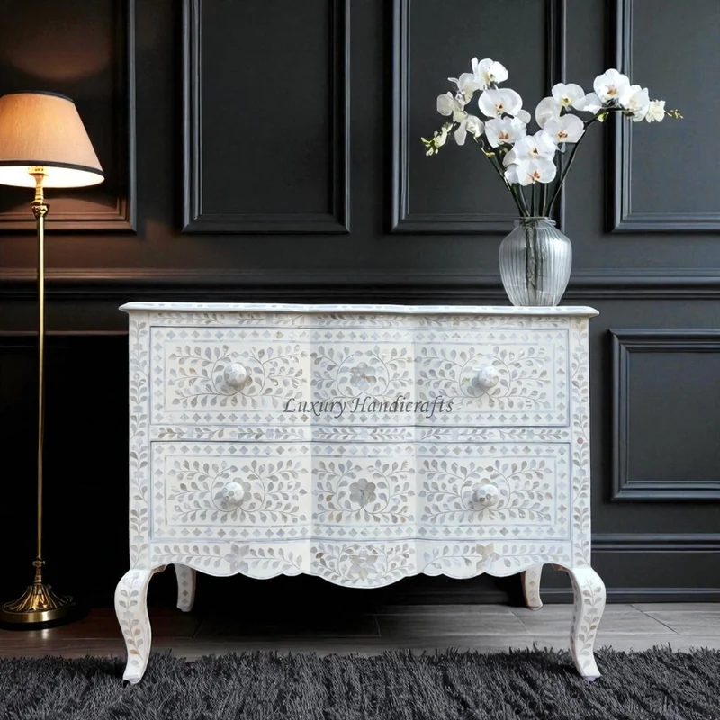 Estelle Mother of Pearl Inlay Curved Dresser Ivory