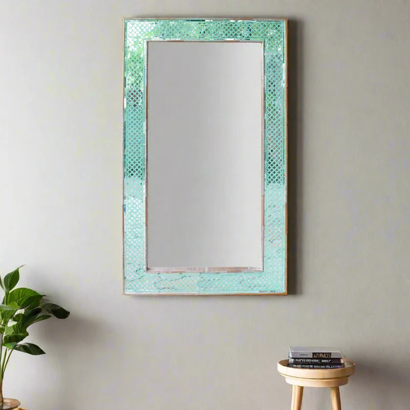 Thikri Glass Inlay Mirror Green With Brass Work